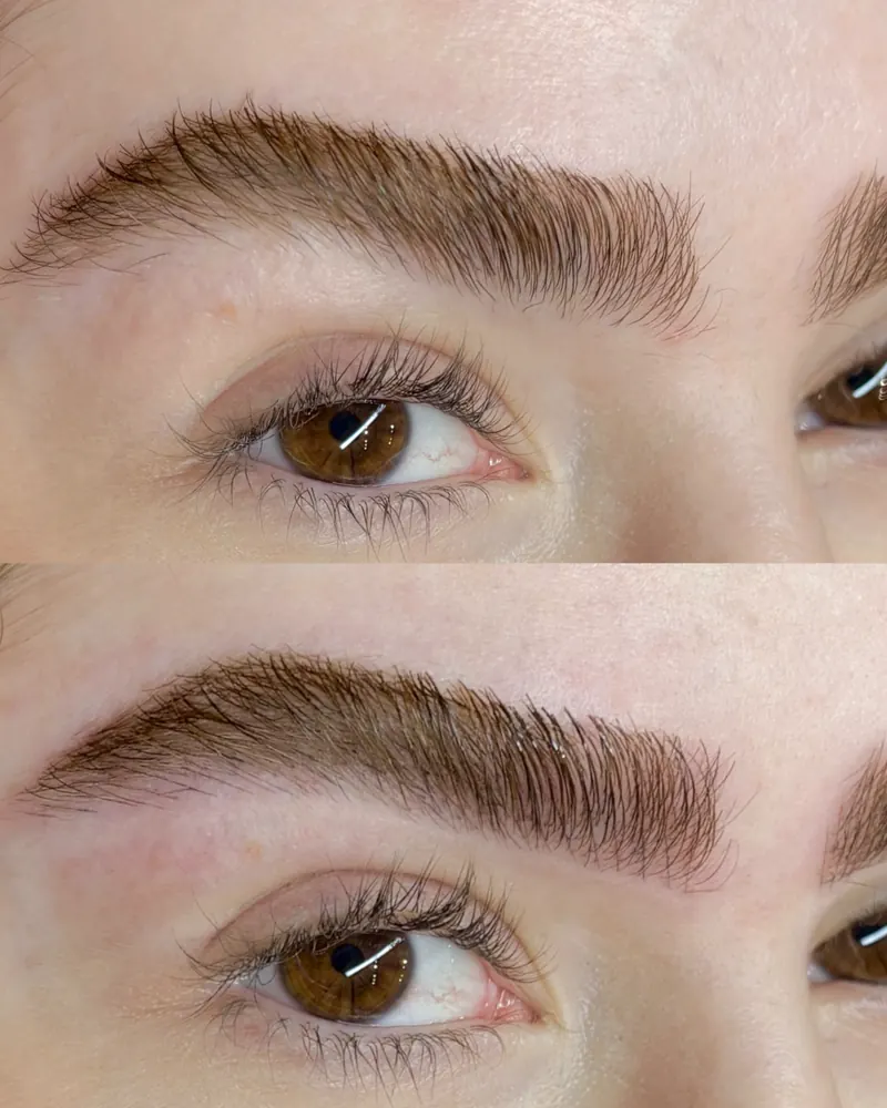 Antes e depois de nanoblading em sobrancelha castanha: embaixo mais definida e preenchida