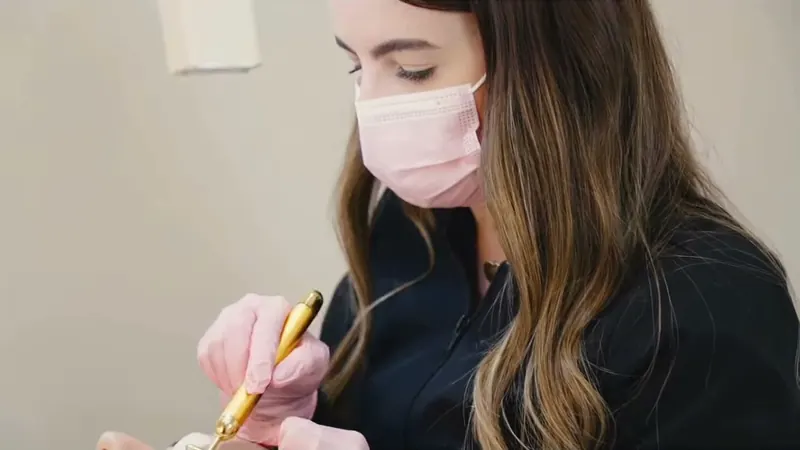 Uma das irmãs, de máscara rosa, segurando o aparelho dourado de nanoblading durante o procedimento