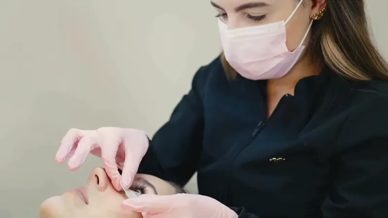 Uma das irmãs, de máscara e luvas rosa, fazendo o design da sobrancelha de uma cliente